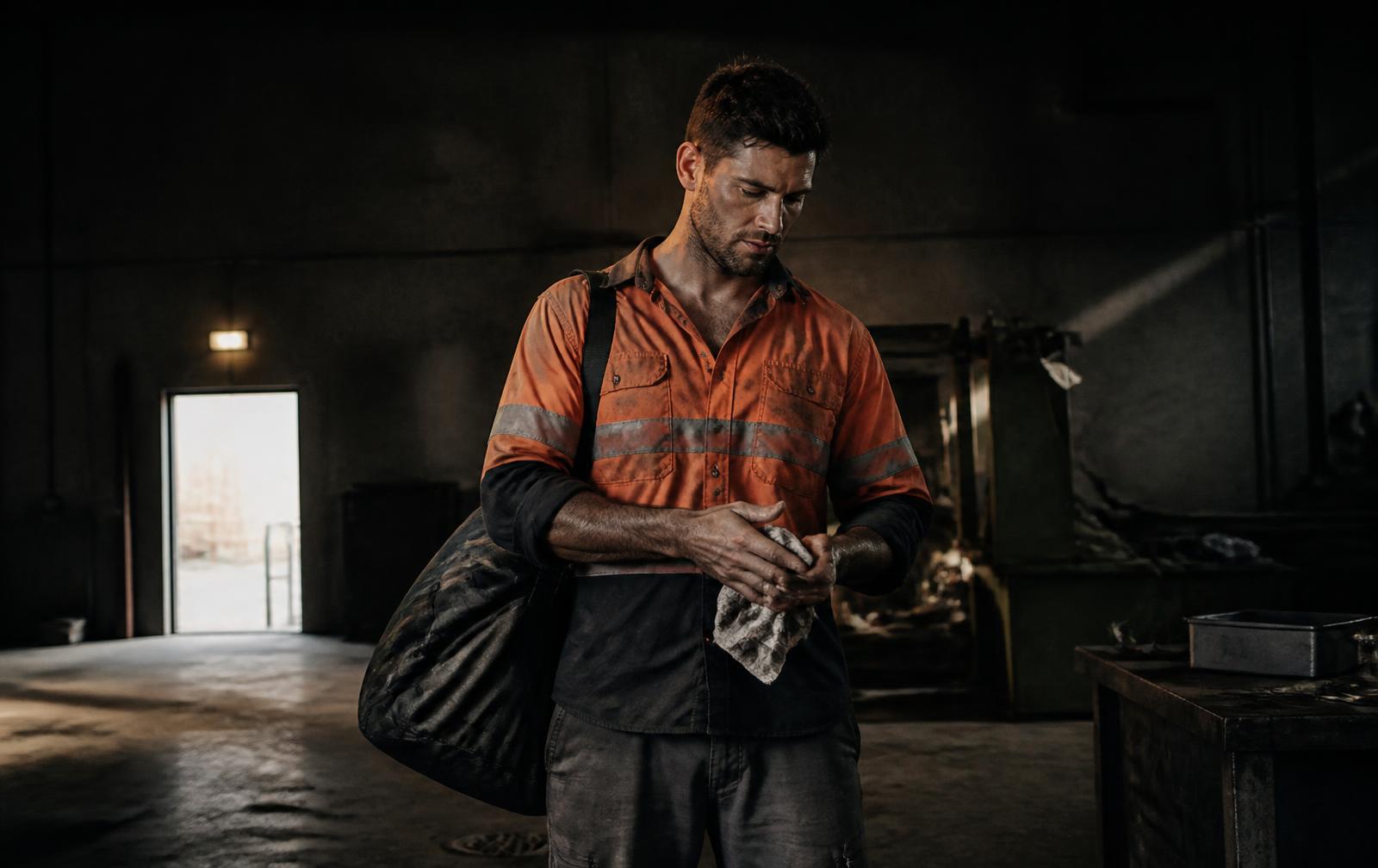 Australian worker in a dusty high-vis shirt at the end of a shift in a dim concrete workshop, gym bag over one shoulder